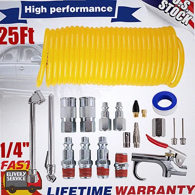 20Pcs Air Compressor Accessory Set 25Ft 1/4" Recoil Hose Gun Nozzles Set NPT NEW