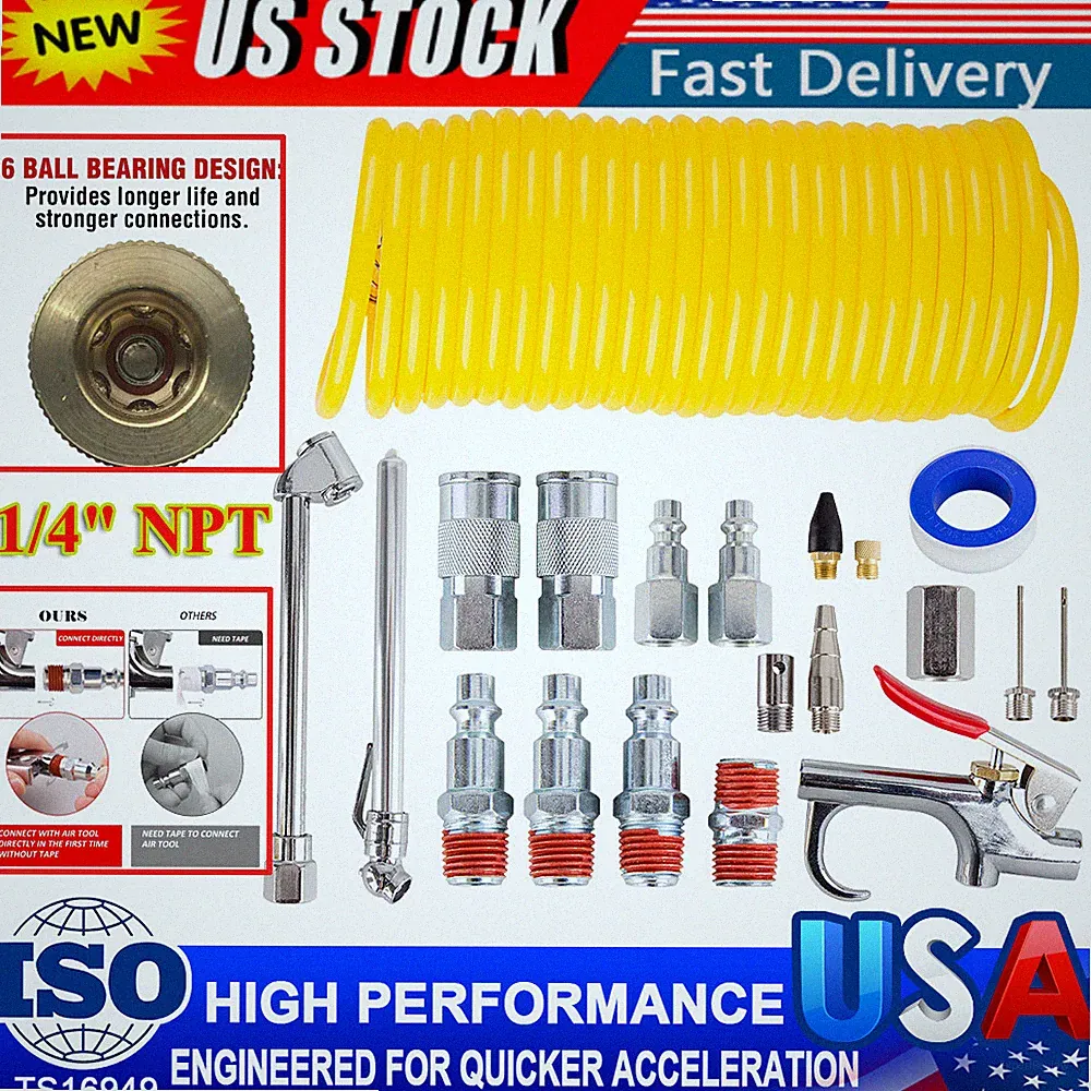 20Pcs Air Compressor Tire Hose Kit Inflate Accessory Piece Nozzles Recoil Set US